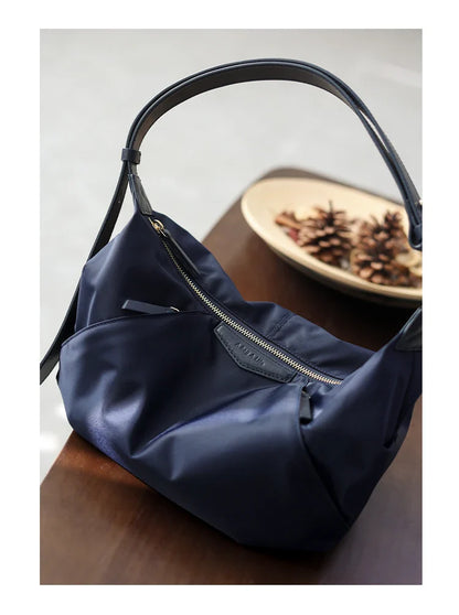 Lightweight Nylon Matching Genuine Leather Crossbody Bag High Quality Single Shoulder Bags Fashion Pleated Messenger Purses
