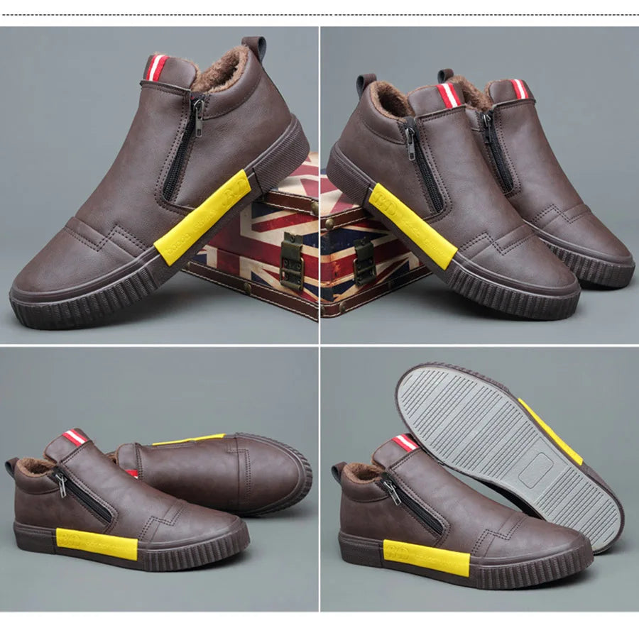 New Winter Men's Boots Soft Leather Plush Warm Snow Boots Waterproof Outdoor Footwear Men Work Boots Men Motorcycle Boots
