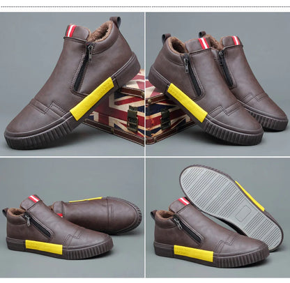 New Winter Men's Boots Soft Leather Plush Warm Snow Boots Waterproof Outdoor Footwear Men Work Boots Men Motorcycle Boots