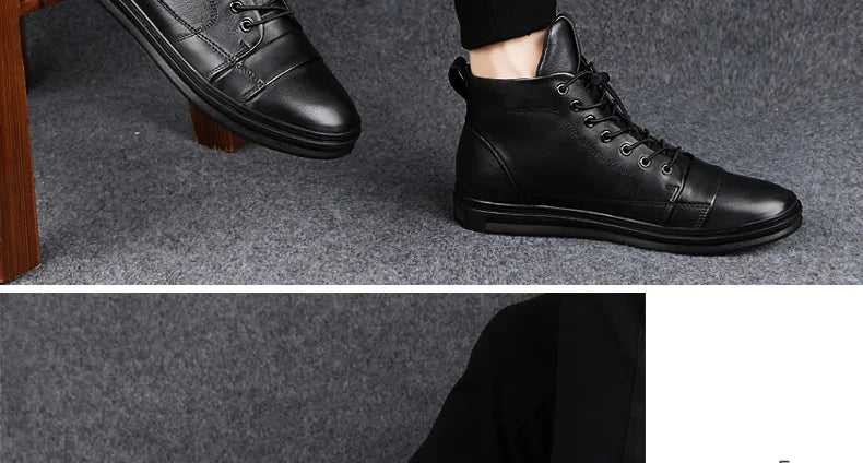 Winter Genuine Leather Boots Men Ankle Casual High Top Skateboarding Shoes Cow Leather Big Size 47 48