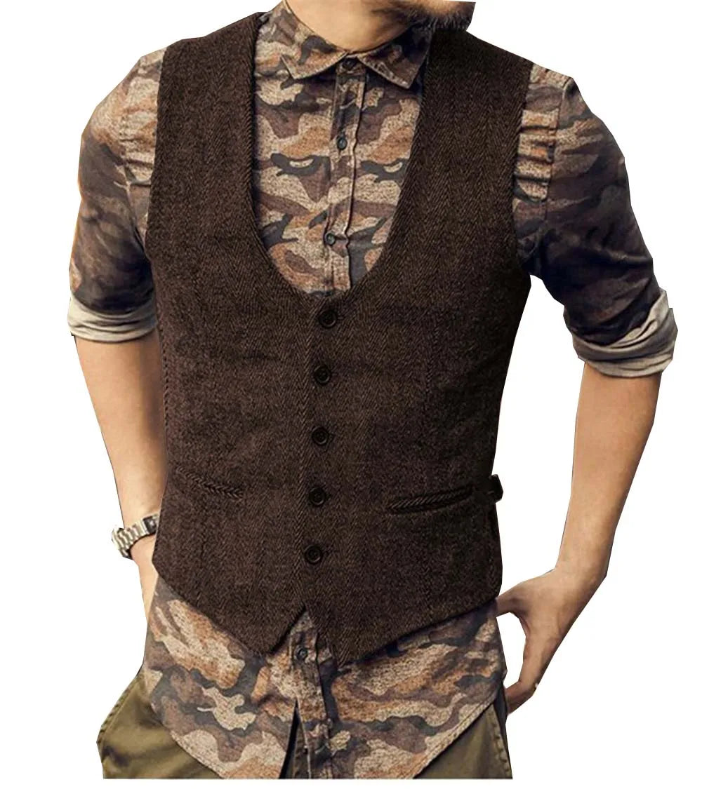 2022 Brown Men's Casual Herringbone Pattern Suit Vest Wool/Tweed Suit Vest U-neck Waistcoat Groomsmen For Wedding
