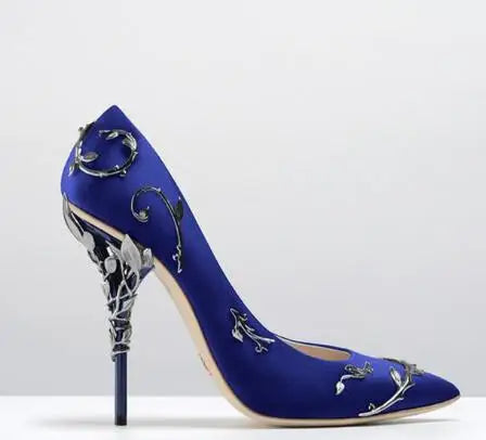 Elegant Silk Women Pumps 10CM High Heels Metal Flower Dec Wedding Shoes Pointed Toe High Heel Shoes Ladies Party Pumps Black