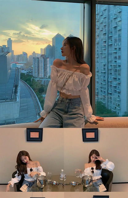 Women Top Sexy Blouse Off Shoulder Top Long Sleeve Club Party White Shirt Puff Sleeve Ruffle Crop Top Summer Tube Top