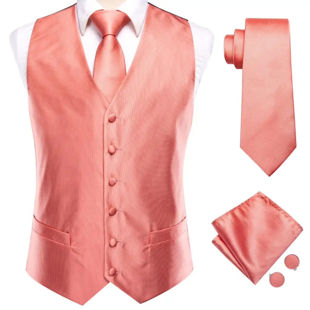 Luxury Silk Mens Vests Rose Gold Pink Striped Waistcoat Necktie Bowtie Hanky Cufflinks Set Waist Jacket For Men Wedding