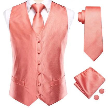 Luxury Silk Mens Vests Rose Gold Pink Striped Waistcoat Necktie Bowtie Hanky Cufflinks Set Waist Jacket For Men Wedding