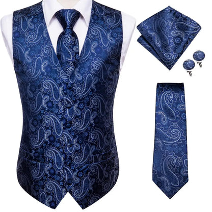 Fashion Silk Vest For Men Classic Gold Champane Yellow Waistcoat Jacket Tie Hankerchief Cufflinks Sets Dress Suit Wedding Hi-Tie