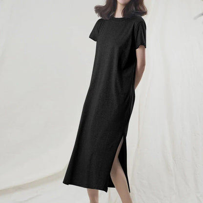 Original Casual 94% Cotton Summer Women's Dresses Solid Short Sleeve Spilt Long Midi Dress Fashion Sundress Female Clothing