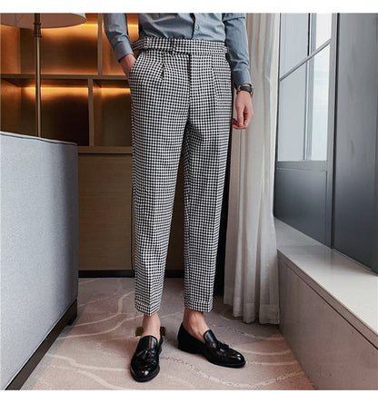 British Style Autumn New Fashion Stripe Plaid Suit Pant Men High Waist Design Slim Fit Office Pants Mens Groom Wedding Trousers