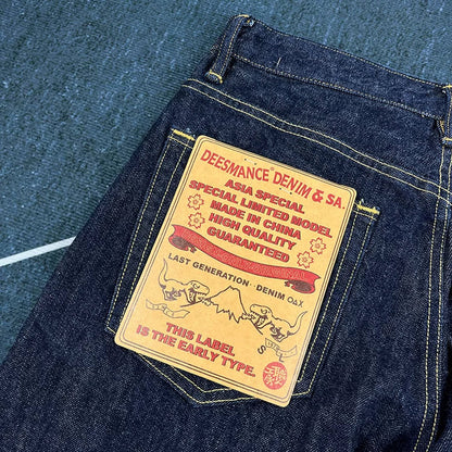14oz Red Selvedge Denim Jeans for Men Heavyweight Raw Desilted Indigo Cotton Pants Youth Male Fashion Loose Straight Trousers