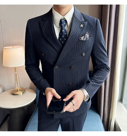 Jacket And Pants High-end Fashion Striped Men's Formal Double-breasted Business Suit Groom Wedding Dress Mens Suit 2 Piece Set