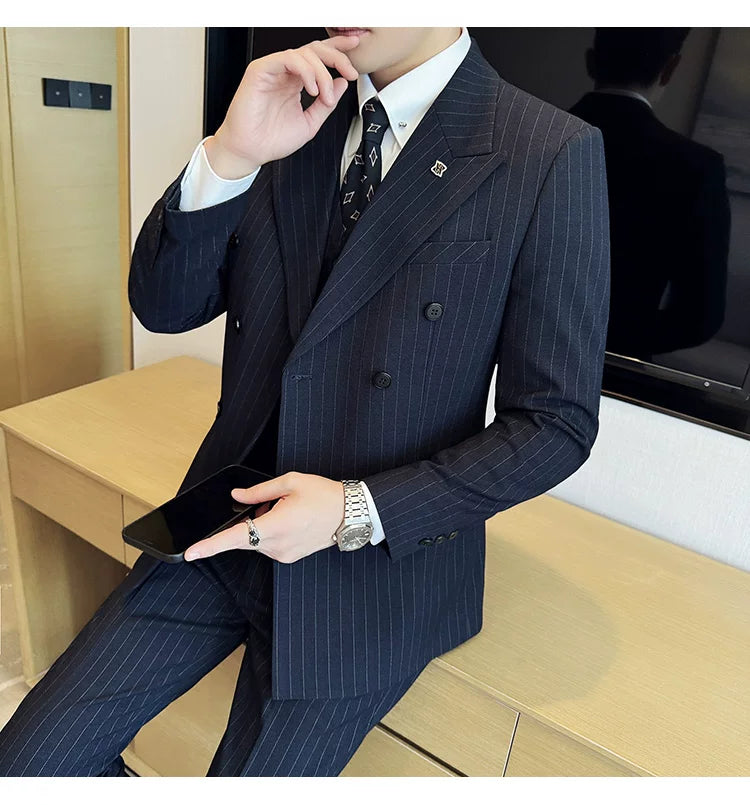 7XL-M ( Jacket + Pants ) Latest 2024 Stripe Design Double Breasted Men Suit 2 Piece Groom Wedding Business Slim Fit Prom Tuxedos