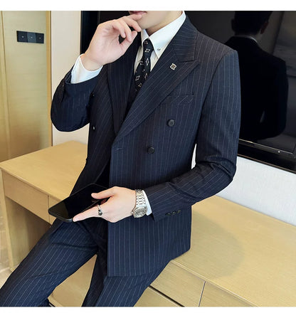 7XL-M ( Jacket + Pants ) Latest 2024 Stripe Design Double Breasted Men Suit 2 Piece Groom Wedding Business Slim Fit Prom Tuxedos