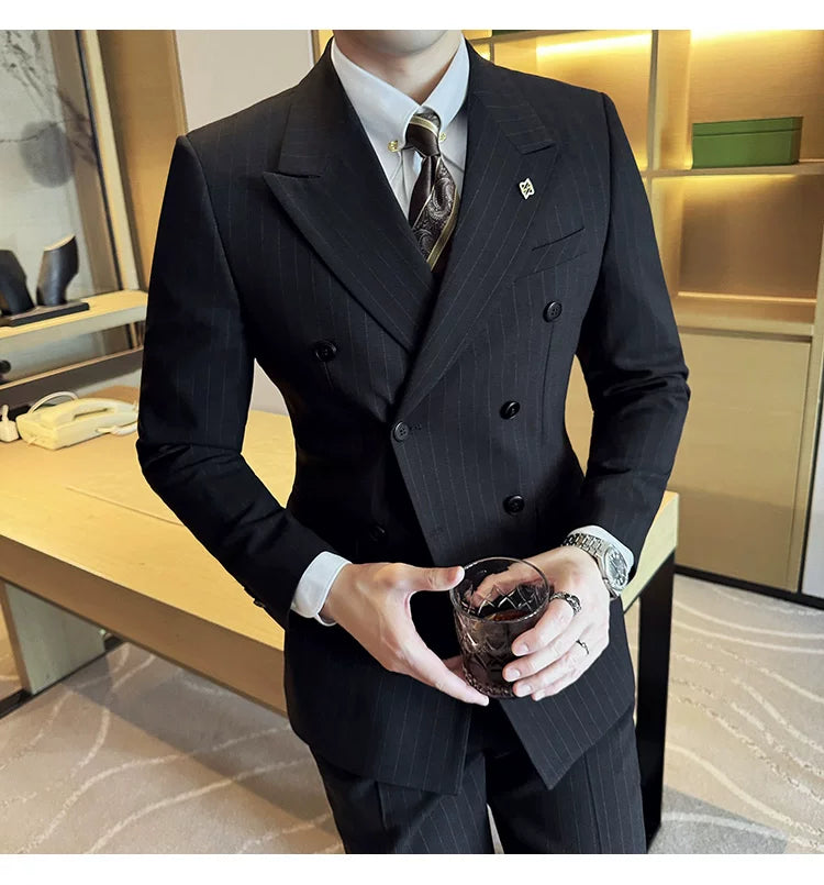 7XL-M ( Jacket + Pants ) Latest 2024 Stripe Design Double Breasted Men Suit 2 Piece Groom Wedding Business Slim Fit Prom Tuxedos