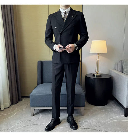 7XL-M ( Jacket + Pants ) Latest 2024 Stripe Design Double Breasted Men Suit 2 Piece Groom Wedding Business Slim Fit Prom Tuxedos