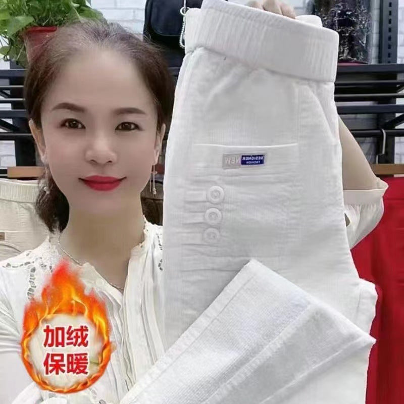 Elegant Women Streetwear Korean Fashion Casual Pant Solid Corduroy Harlan Button Pockets Pants New Autumn Winter Pants Plus Size