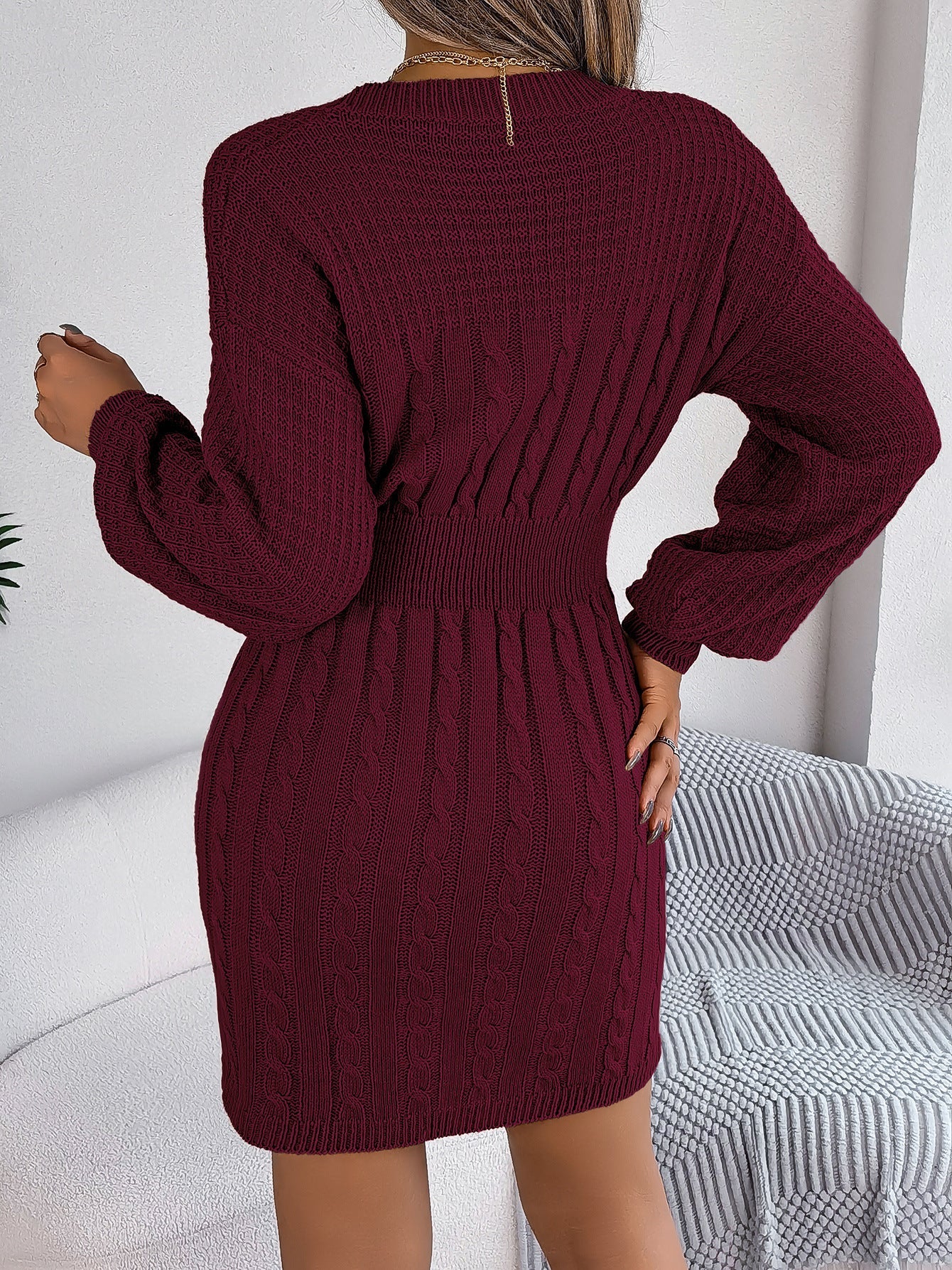Autumn Winter Solid Color Woolen Dress O-Neck Lantern Sleeve Hollow Out Knitted Dresses for Women Fashion Casual Vestidos