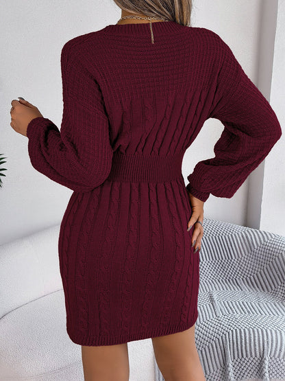 Autumn Winter Solid Color Woolen Dress O-Neck Lantern Sleeve Hollow Out Knitted Dresses for Women Fashion Casual Vestidos