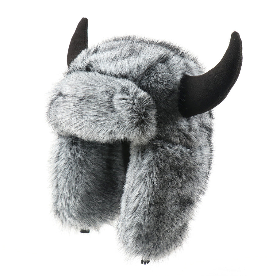 Imitation Fur Warm Horned Lei Feng Hats for Men Winter Russian Ushanka Hat Outdoor Thicked Windproof Ear Protection Caps