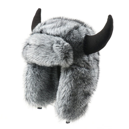 Imitation Fur Warm Horned Lei Feng Hats for Men Winter Russian Ushanka Hat Outdoor Thicked Windproof Ear Protection Caps