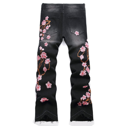 Men Straight Jean Denim Pants Jeans Loose Ankle Length Pant Pockets Casual Washed High Street Distressed Zipper Fly Spliced