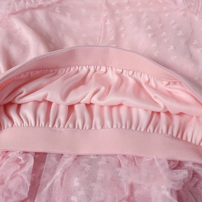 2026 Mesh Heart Printed Skirt Women Elastic High Waist Skirt Elegant Tulle A Line Ruffle Party Skirt Long Summer Saia Feminina