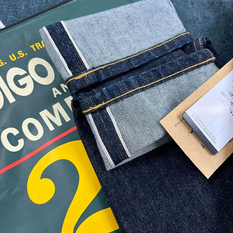 14oz Red Selvedge Denim Jeans for Men Heavyweight Raw Desilted Indigo Cotton Pants Youth Male Fashion Loose Straight Trousers