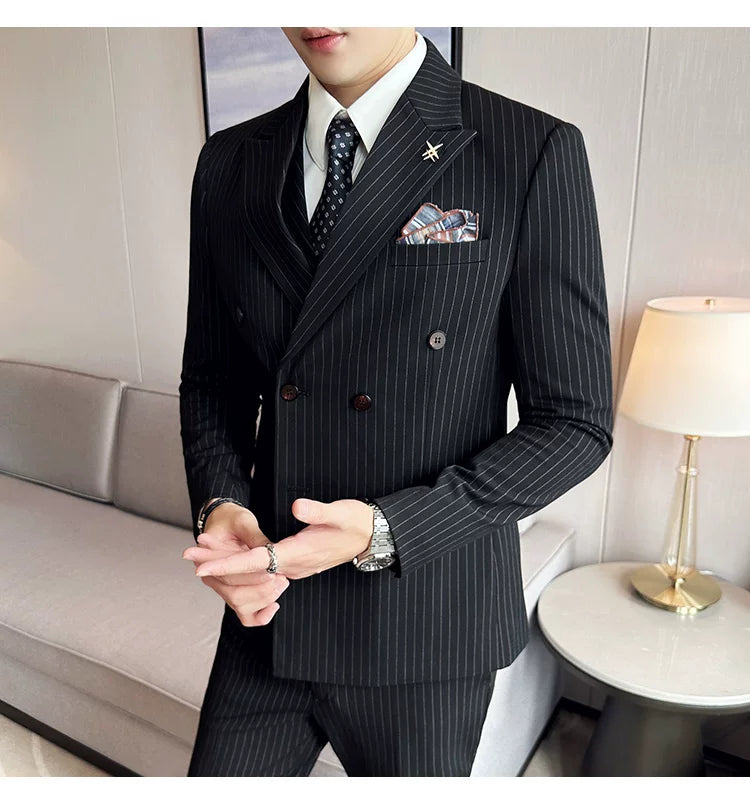 Jacket And Pants High-end Fashion Striped Men's Formal Double-breasted Business Suit Groom Wedding Dress Mens Suit 2 Piece Set
