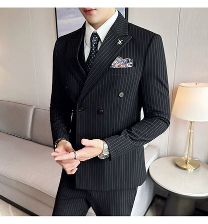 Jacket And Pants High-end Fashion Striped Men's Formal Double-breasted Business Suit Groom Wedding Dress Mens Suit 2 Piece Set