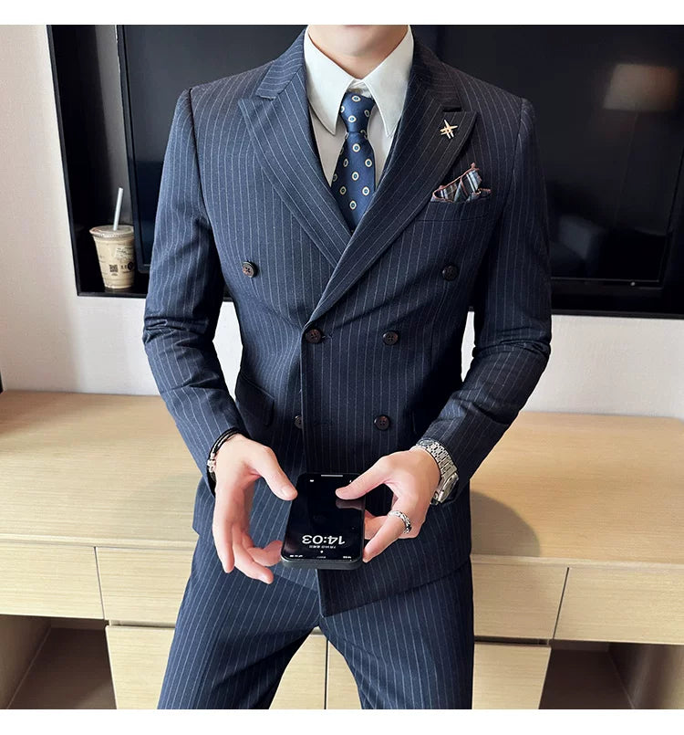 Jacket And Pants High-end Fashion Striped Men's Formal Double-breasted Business Suit Groom Wedding Dress Mens Suit 2 Piece Set