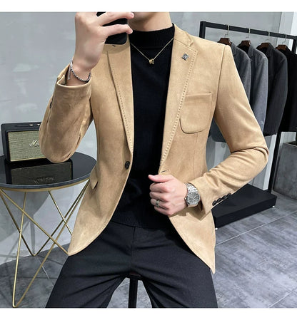Men's Deerskin Fleece Jacket Suit Coat Blazer Men's Business Leisure Slim Fit Brand Fashion High Quality Single Button Suit Coat