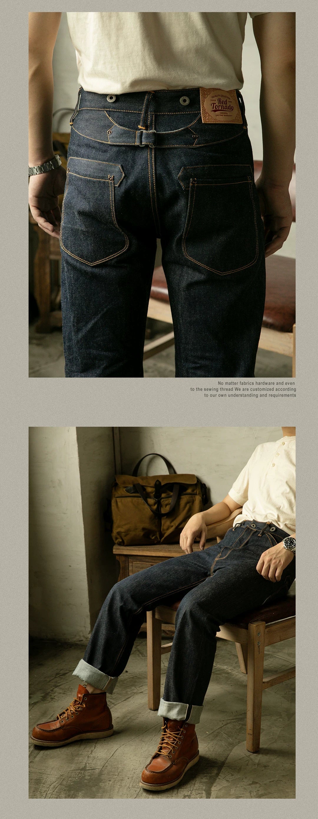 High Waist Raw Indigo Selvage Unwashed Denim Pants Unsanforized Jean 14oz