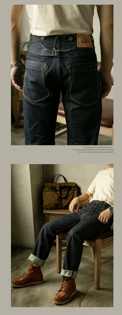 High Waist Raw Indigo Selvage Unwashed Denim Pants Unsanforized Jean 14oz