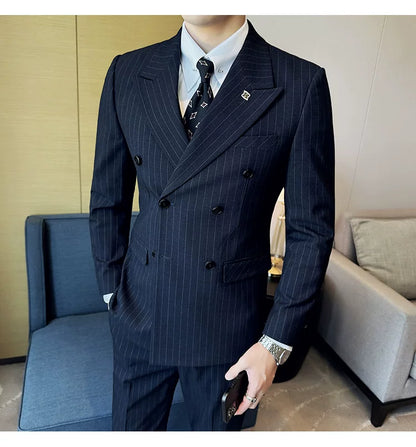 7XL-M ( Jacket + Pants ) Latest 2024 Stripe Design Double Breasted Men Suit 2 Piece Groom Wedding Business Slim Fit Prom Tuxedos