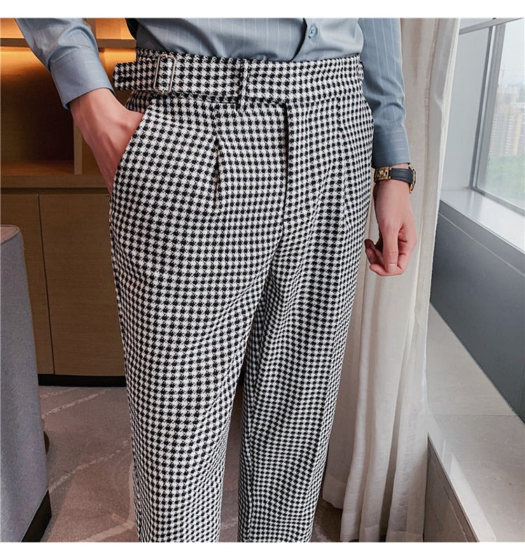 British Style Autumn New Fashion Stripe Plaid Suit Pant Men High Waist Design Slim Fit Office Pants Mens Groom Wedding Trousers