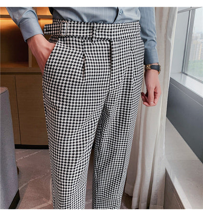 British Style Autumn New Fashion Stripe Plaid Suit Pant Men High Waist Design Slim Fit Office Pants Mens Groom Wedding Trousers