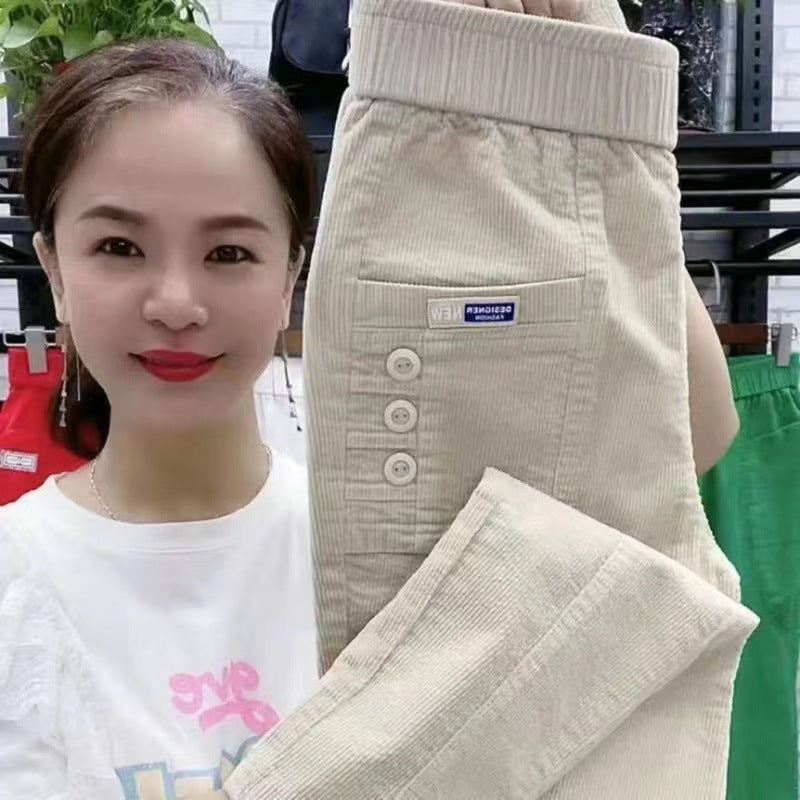 Elegant Women Streetwear Korean Fashion Casual Pant Solid Corduroy Harlan Button Pockets Pants New Autumn Winter Pants Plus Size