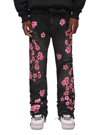 Men Straight Jean Denim Pants Jeans Loose Ankle Length Pant Pockets Casual Washed High Street Distressed Zipper Fly Spliced