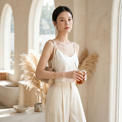 Double-Layer Silk Camisole for Women, Mulberry Silk Bandeau, Sexy V-neck Tanks and Camis, Summer Vest, 2025