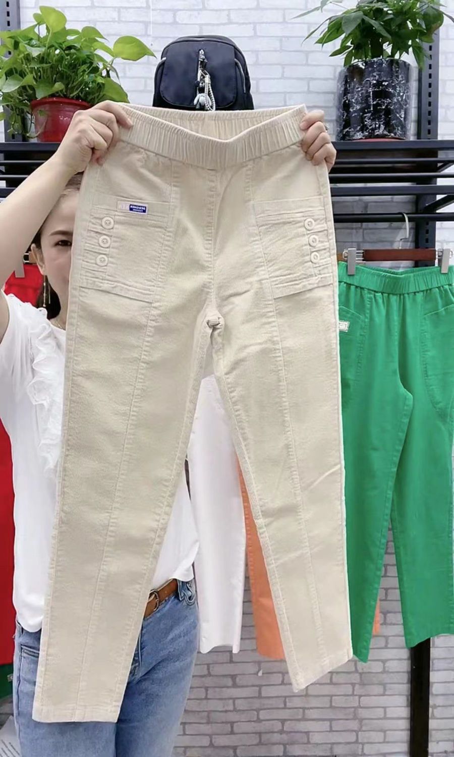Elegant Women Streetwear Korean Fashion Casual Pant Solid Corduroy Harlan Button Pockets Pants New Autumn Winter Pants Plus Size