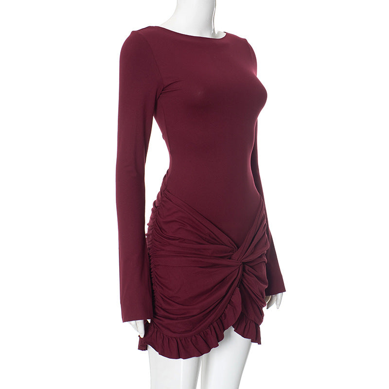 Ruched Bodycon Dress Women Sexy Long Sleeve Twist Ruffles Hem Mini Dresses Autumn White Elegant Club Party Short Vestidos