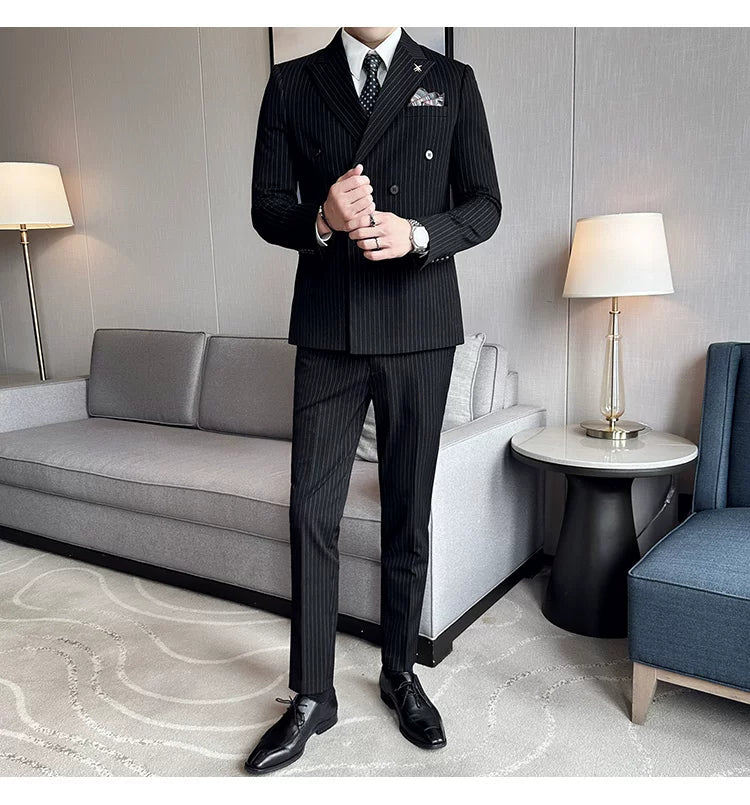 Jacket And Pants High-end Fashion Striped Men's Formal Double-breasted Business Suit Groom Wedding Dress Mens Suit 2 Piece Set