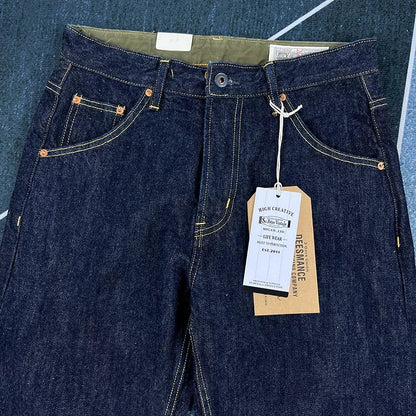 14oz Red Selvedge Denim Jeans for Men Heavyweight Raw Desilted Indigo Cotton Pants Youth Male Fashion Loose Straight Trousers