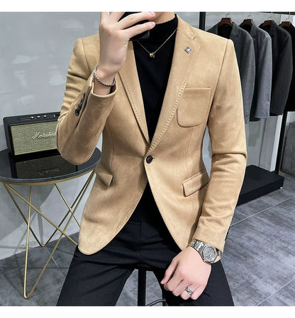 Men's Deerskin Fleece Jacket Suit Coat Blazer Men's Business Leisure Slim Fit Brand Fashion High Quality Single Button Suit Coat