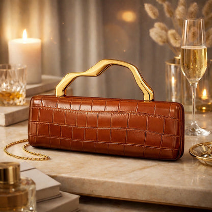 Luxury Burgundy Crocodile Pattern PU Evening Clutch with Gilded Shaped Handle for Ladies Fashionable Party Handbag