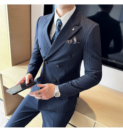 Jacket And Pants High-end Fashion Striped Men's Formal Double-breasted Business Suit Groom Wedding Dress Mens Suit 2 Piece Set