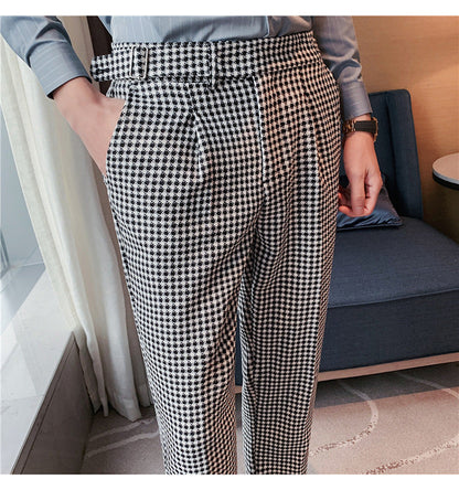 British Style Autumn New Fashion Stripe Plaid Suit Pant Men High Waist Design Slim Fit Office Pants Mens Groom Wedding Trousers