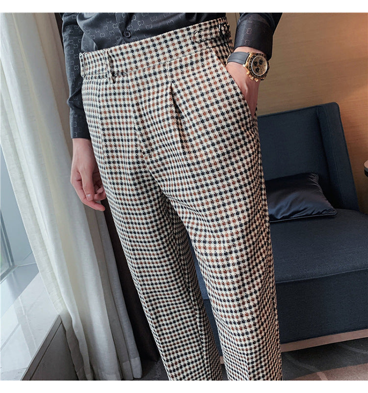 British Style Autumn New Fashion Stripe Plaid Suit Pant Men High Waist Design Slim Fit Office Pants Mens Groom Wedding Trousers