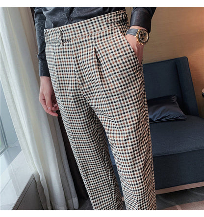 British Style Autumn New Fashion Stripe Plaid Suit Pant Men High Waist Design Slim Fit Office Pants Mens Groom Wedding Trousers
