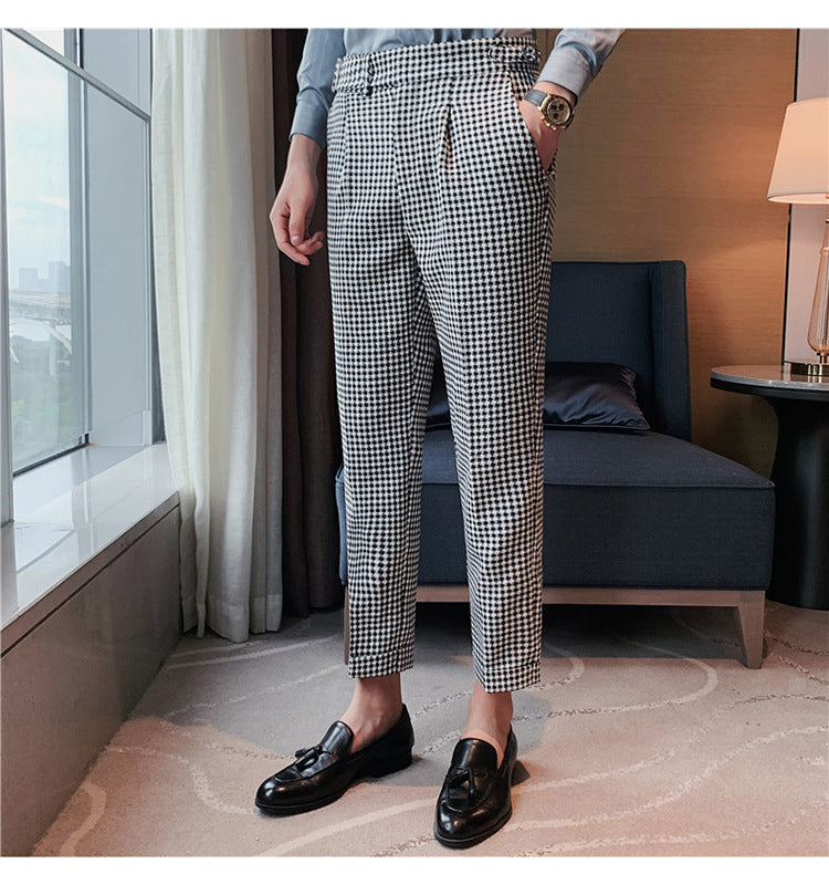 British Style Autumn New Fashion Stripe Plaid Suit Pant Men High Waist Design Slim Fit Office Pants Mens Groom Wedding Trousers