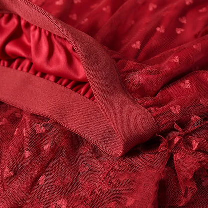 2026 Mesh Heart Printed Skirt Women Elastic High Waist Skirt Elegant Tulle A Line Ruffle Party Skirt Long Summer Saia Feminina